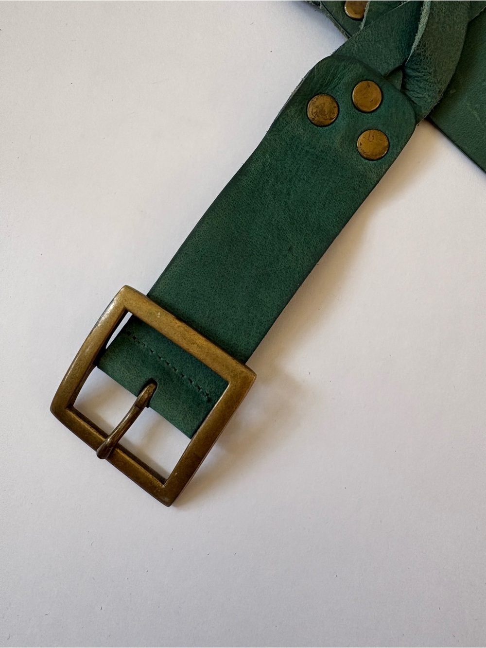 VNTG Old Navy Leather Green Braided Pleated Belt L Rivet Square Buckle Western - Picture 2 of 8